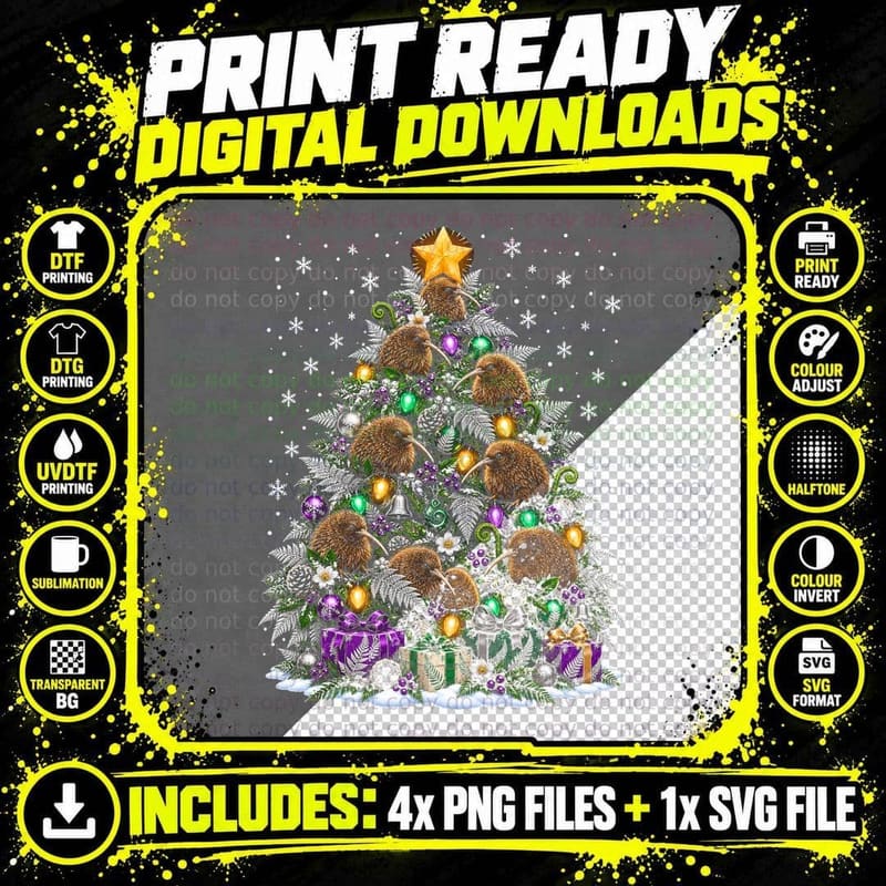 Kiwi Bird Christmas Tree Silver Fern New Zealand Xmas Png SVG Digital Bundle
