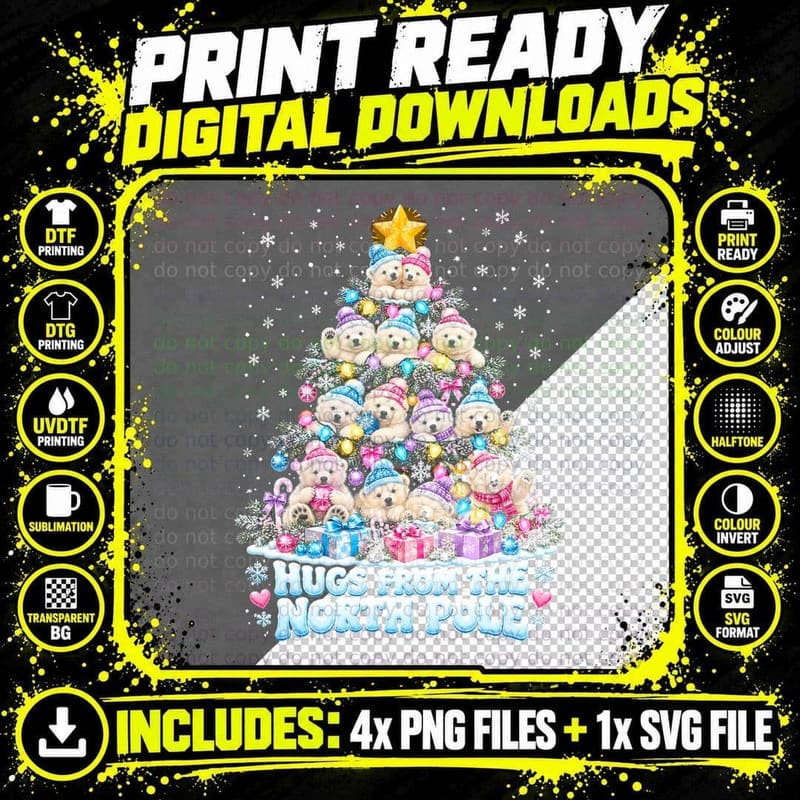 Polar Bear Christmas Tree Hugs From The North Pole Cute Png SVG Digital Bundle