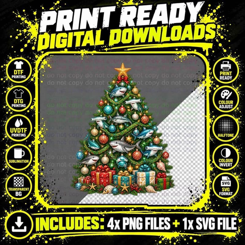 Shark Christmas Tree Baubles Cute Ocean Sea Animal Xmas Png SVG Digital Bundle