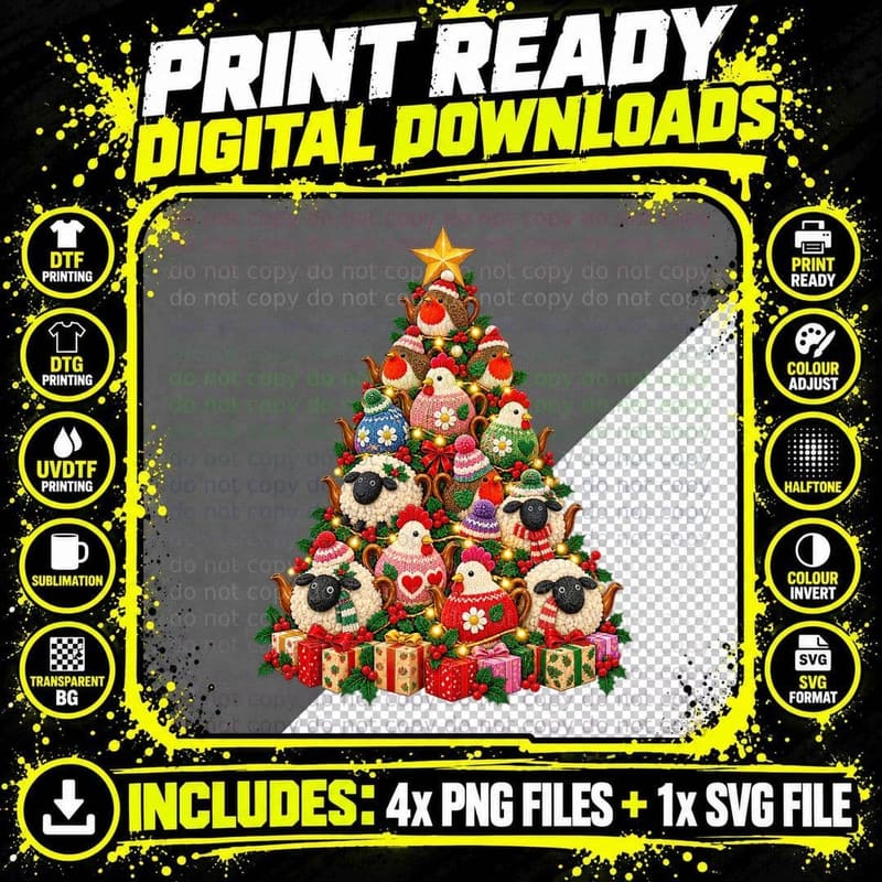 Animal Tea Cosy Christmas Knitted Sheep Hen Robin Png SVG Digital Bundle
