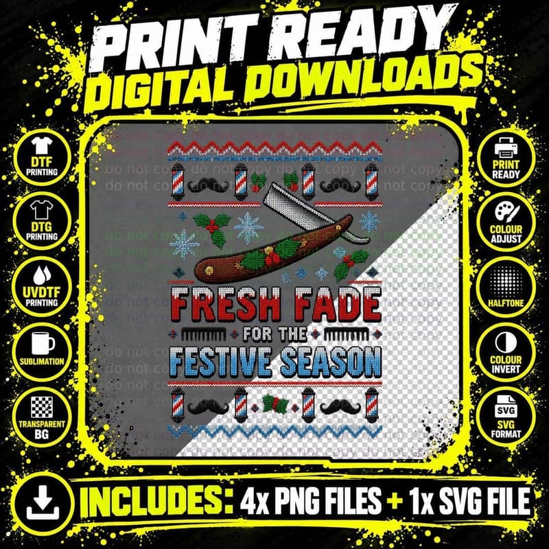 Barber Christmas Ugly Sweater Fresh Fade Vintage Barber Png SVG Digital Bundle