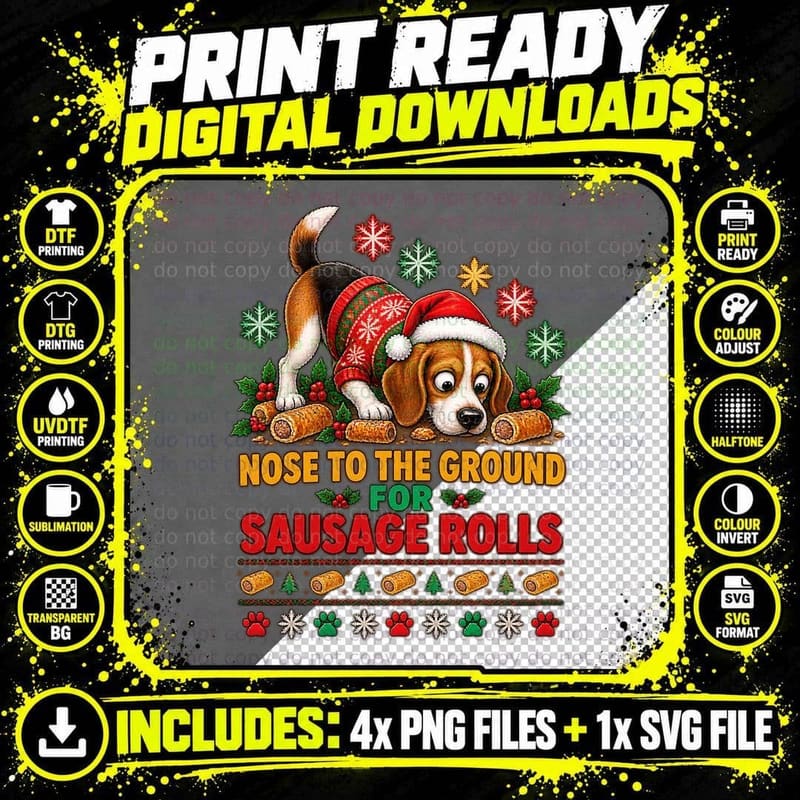 Beagle Ugly Christmas Sweater Sausage Roll Dog Pun Funny Png SVG Digital Bundle