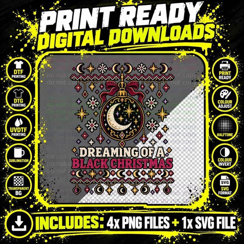 Black Christmas Celestial Ugly Sweater Dreaming Of a Png SVG Digital Bundle