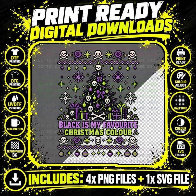 Black Christmas Gothic Ugly Sweater Skull Tree Png SVG Digital Bundle