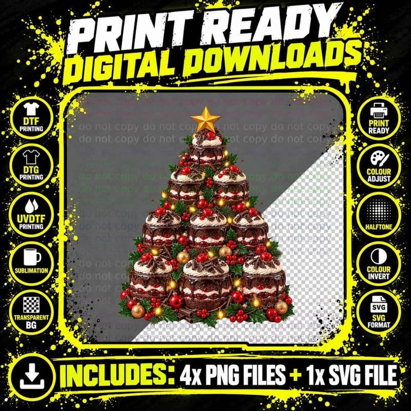 Black Forest Gateau Christmas Retro Chocolate Cherry Png SVG Digital Bundle