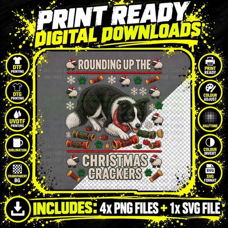 Border Collie Ugly Christmas Sweater Cracker Herder Dog Png SVG Digital Bundle
