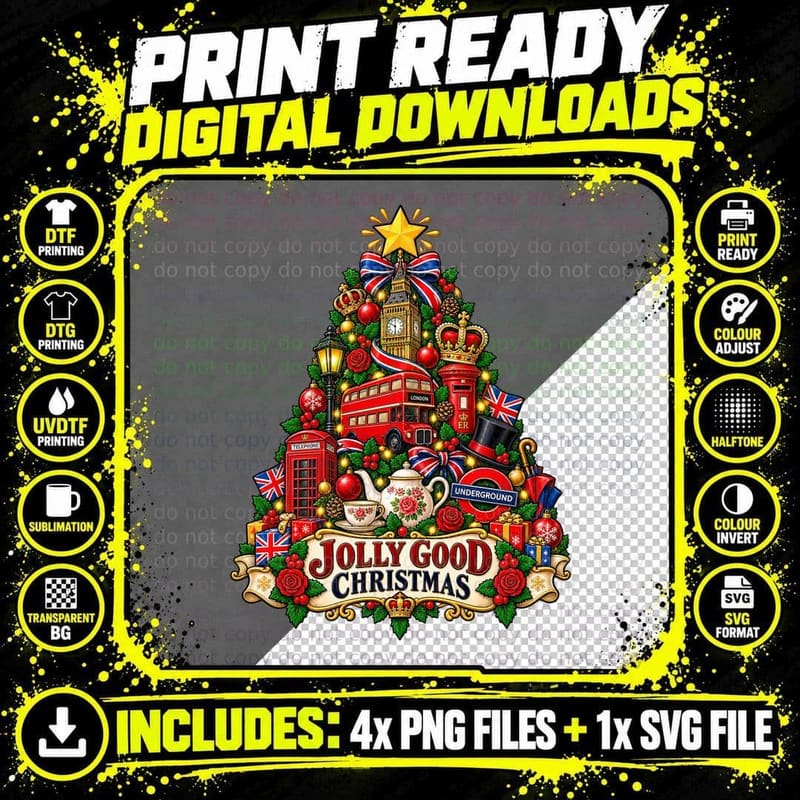 British London Christmas Big Ben Union Jack Souvenir Png SVG Digital Bundle