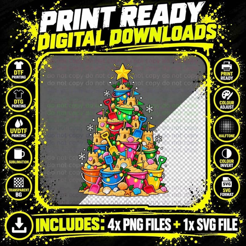 Bucket and Spade Christmas Seaside Sandcastle Beachwear Png SVG Digital Bundle