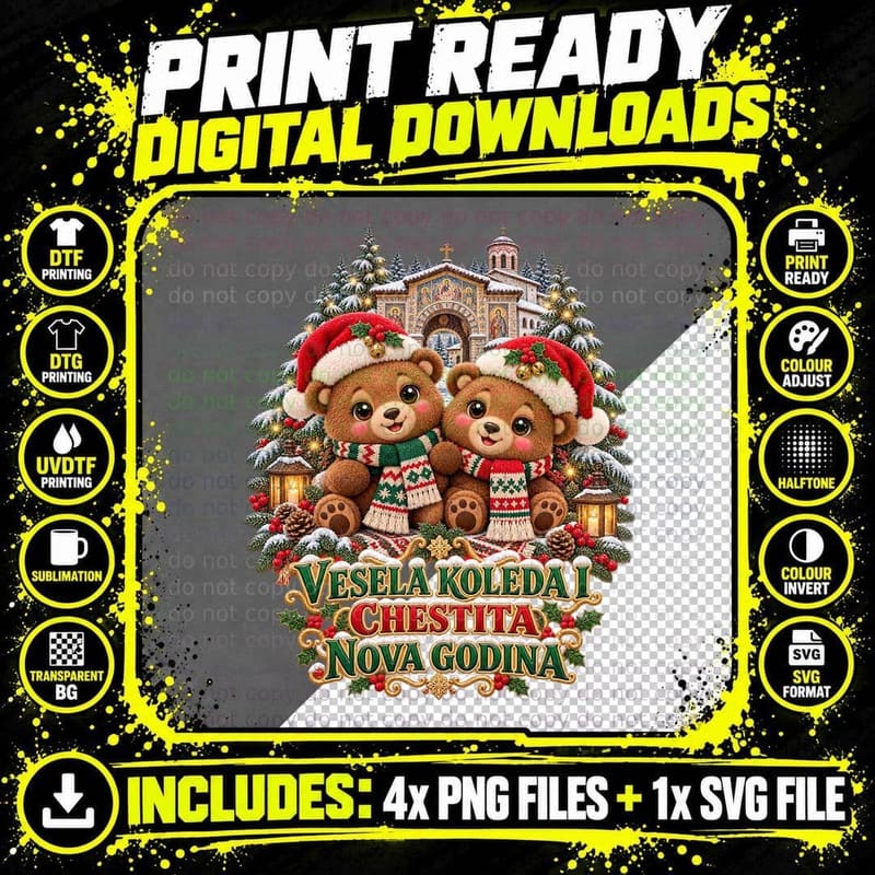 Bulgarian Christmas Brown Bear Cubs Kawaii Plush Festive Png SVG Digital Bundle