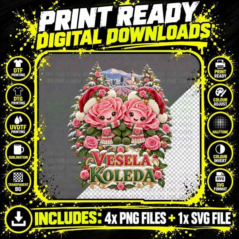 Bulgarian Christmas Pink Roses Kawaii Plush Floral Png SVG Digital Bundle