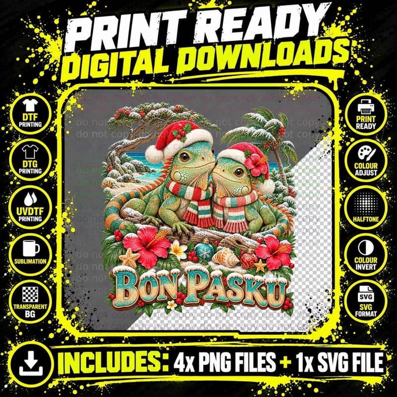 Caribbean Iguana Christmas Cute Plush Toy Tropical Png SVG Digital Bundle