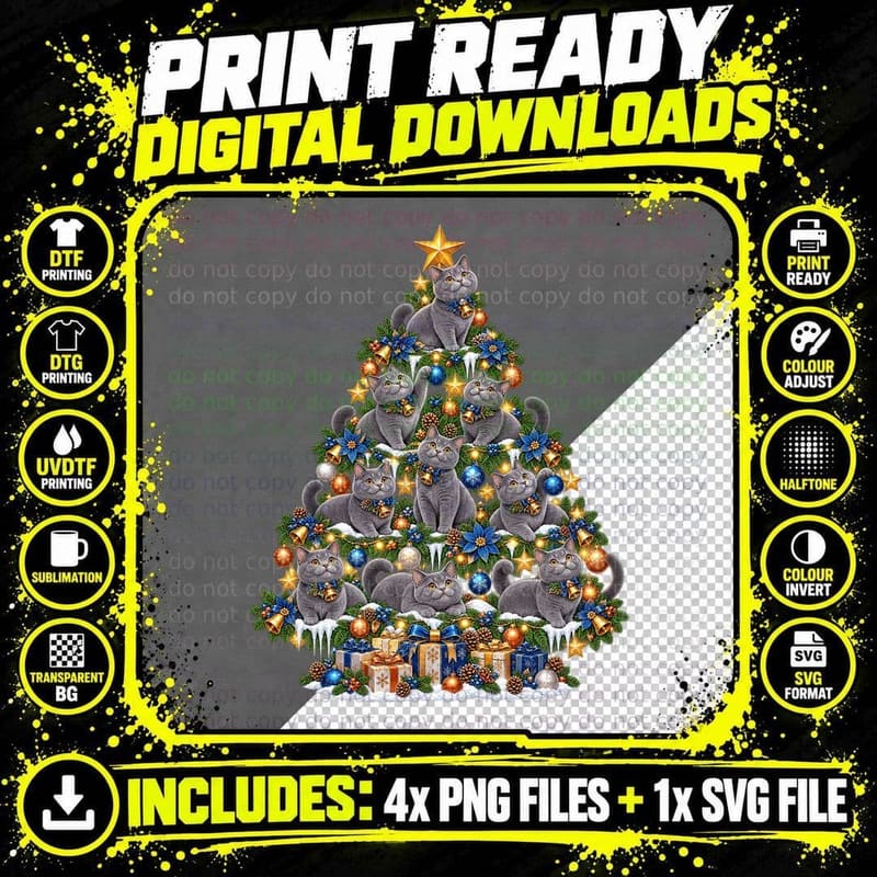 Chartreux Christmas Cat Blue Grey Copper Eyes Cute Png SVG Digital Bundle