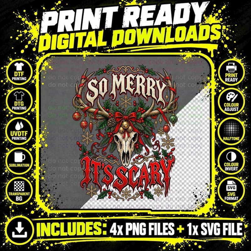 Christmas Deer Skull Gothic Holiday Antlers Vintage Png SVG Digital Bundle