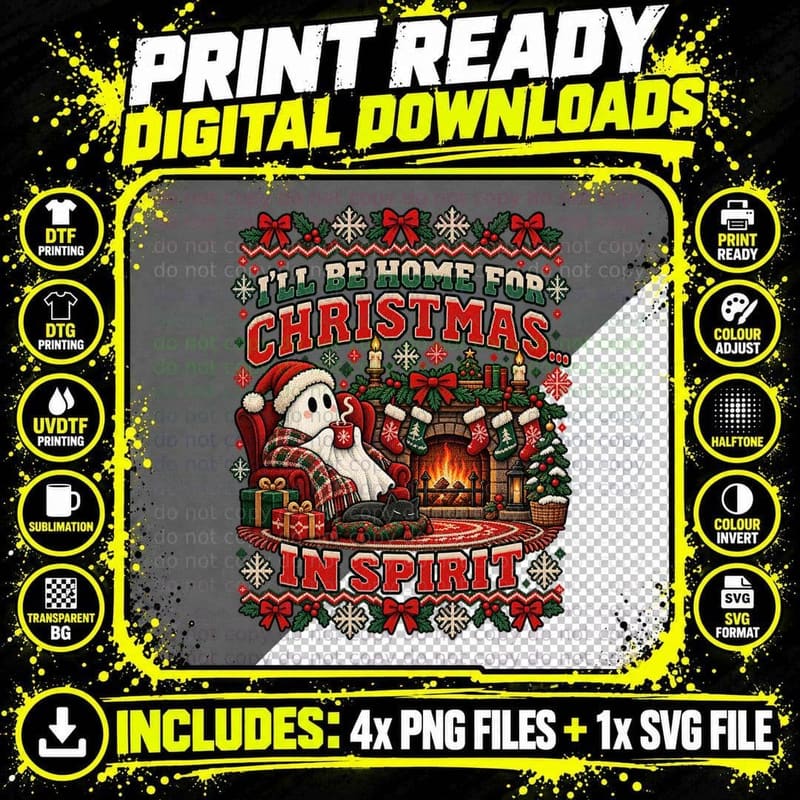 Christmas Ghost Ugly Sweater Cozy Fireplace Haunted Png SVG Digital Bundle