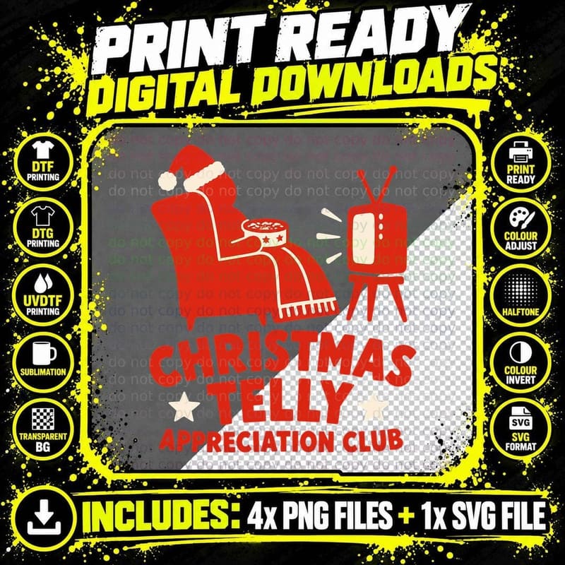 Christmas Telly Retro TV Fan Cozy Night In Funny Png SVG Digital Bundle