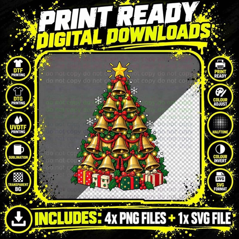 Church Bell Christmas Tree Brass Bells Traditional Png SVG Digital Bundle