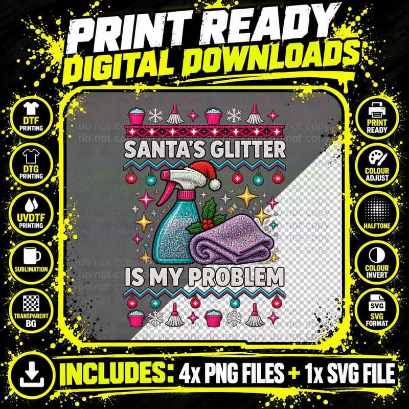 Cleaning Crew Ugly Sweater Christmas Cleaner Glitter Png SVG Digital Bundle