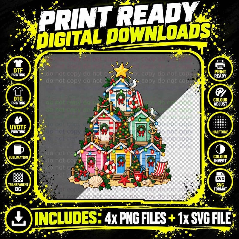 Colourful Beach Hut Christmas Tree Retro British Seaside Png SVG Digital Bundle