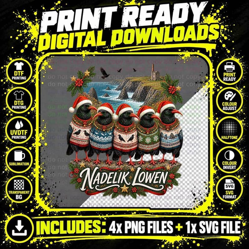 Cornish Chough Ugly Christmas Sweater Coastal Bird Png SVG Digital Bundle