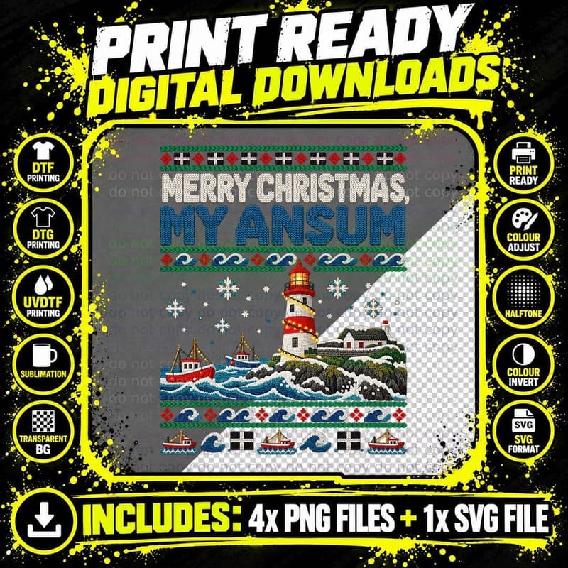Cornwall Lighthouse Ugly Sweater Nautical Christmas Png SVG Digital Bundle