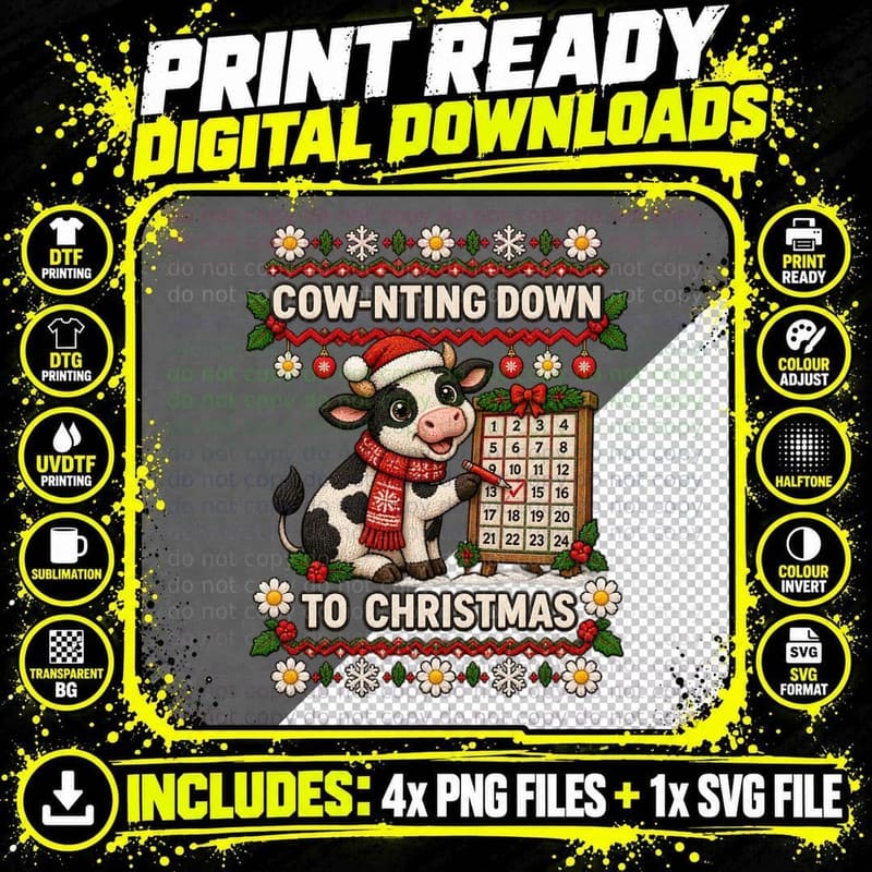 Cow Christmas Ugly Sweater Pun Cute Farm Animal Advent Png SVG Digital Bundle