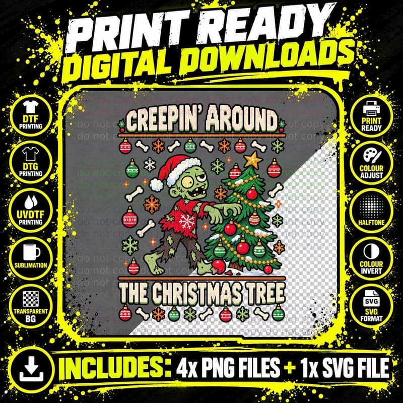 Creepin Around the Christmas Tree Zombie Ugly Sweater Png SVG Digital Bundle