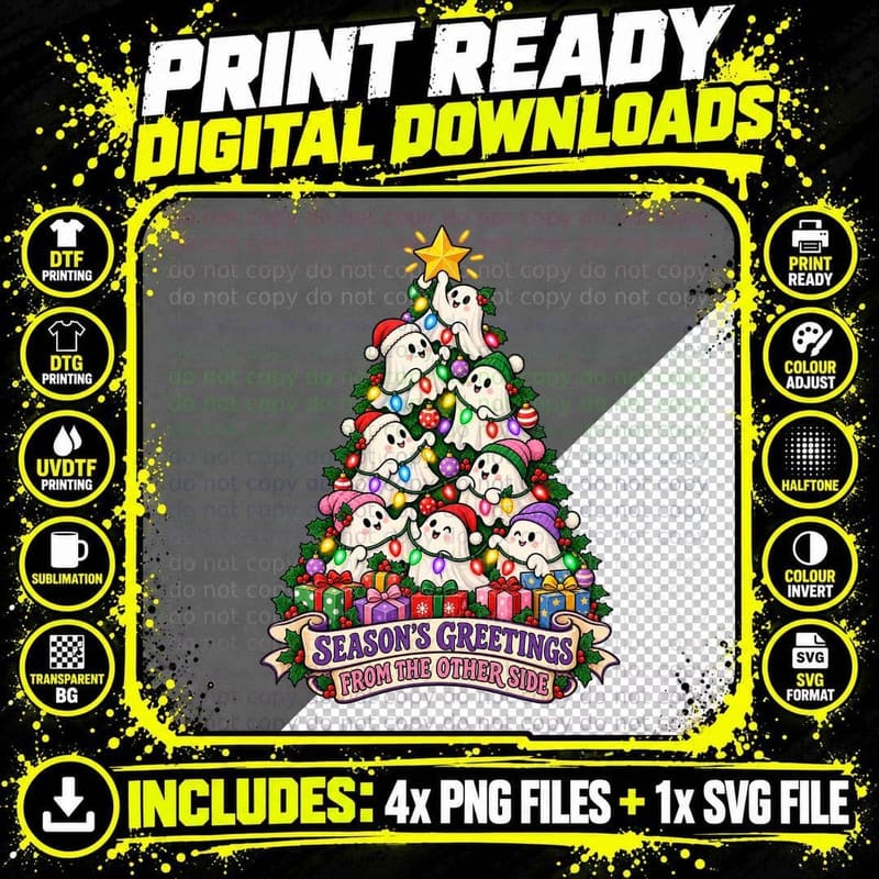Cute Ghost Christmas Retro Cartoon Spooky Season Png SVG Digital Bundle