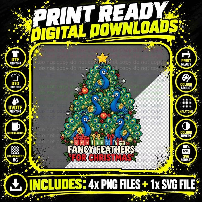 Cute Peacock Christmas Feather Fan Retro Doodle Tee Bird Png SVG Digital Bundle