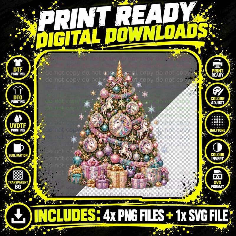 Cute Unicorn Christmas Tree Bauble Rainbow Fantasy Png SVG Digital Bundle
