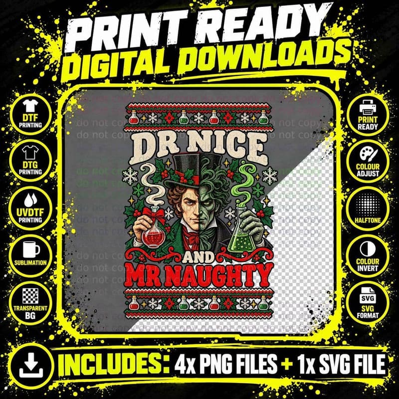 Dr Jekyll Mr Hyde Ugly Sweater Christmas Gothic Science Png SVG Digital Bundle