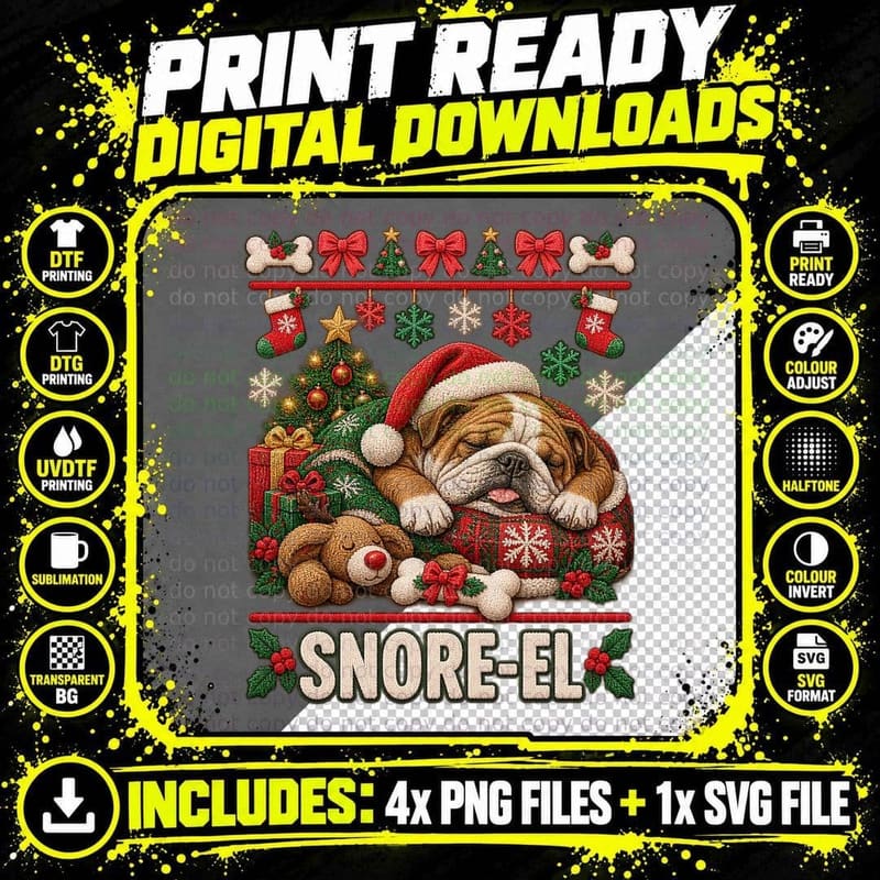 English Bulldog Ugly Christmas Sweater Snoring Dog Pun Png SVG Digital Bundle