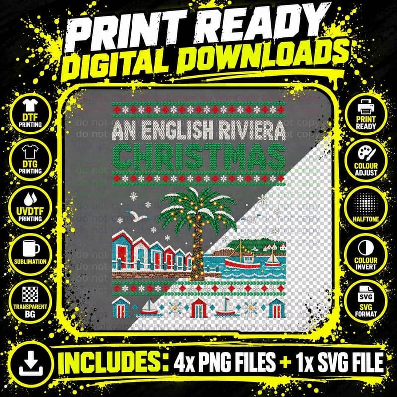 English Riviera Christmas Ugly Sweater Coastal Palm Tree Png SVG Digital Bundle