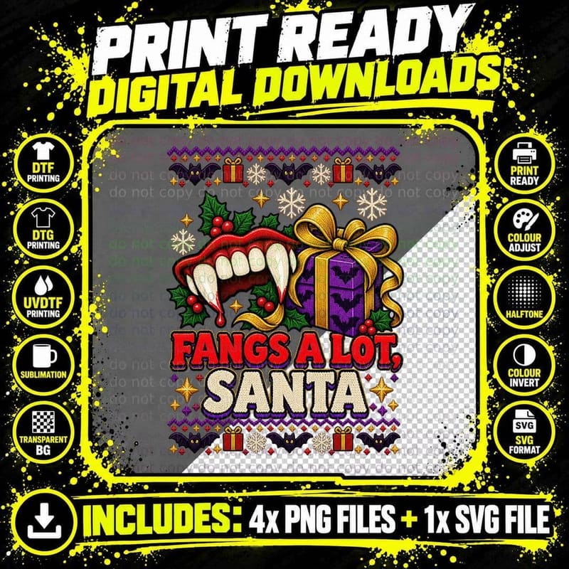 Fangs a Lot Santa Vampire Ugly Sweater Gothic Christmas Png SVG Digital Bundle