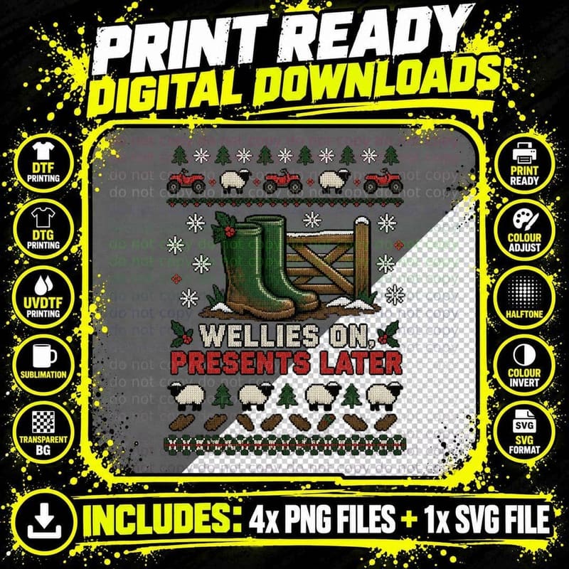 Farm Christmas Ugly Sweater Wellies Farmer Country Life Png SVG Digital Bundle