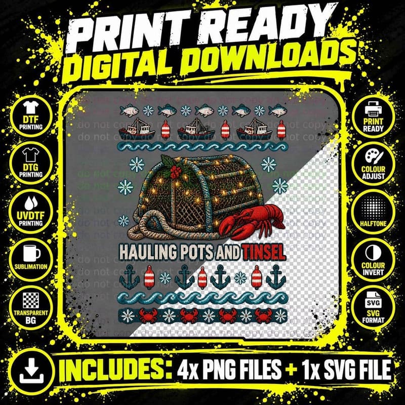 Fishing Christmas Ugly Sweater Lobster Pot Fisherman Png SVG Digital Bundle