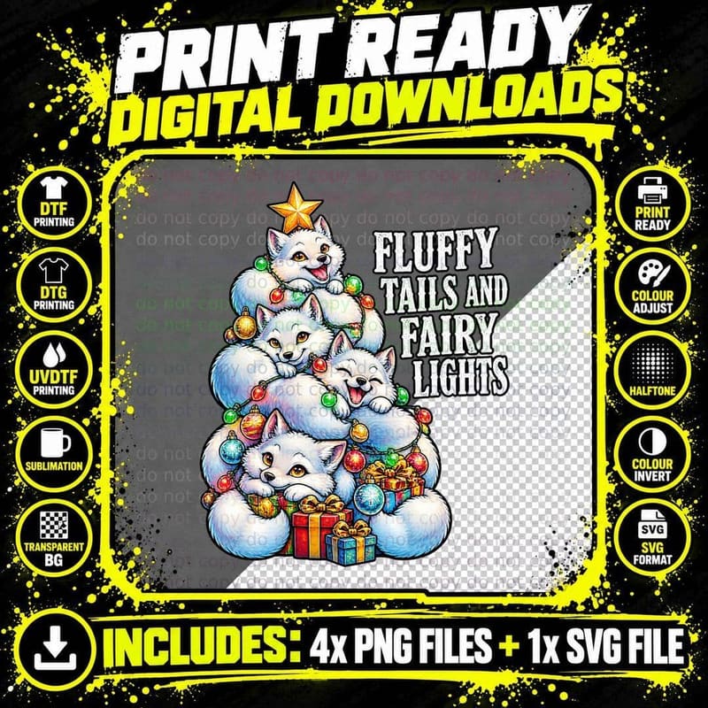Fluffy Tails and Fairy Lights Arctic Fox Christmas Funny Png SVG Digital Bundle