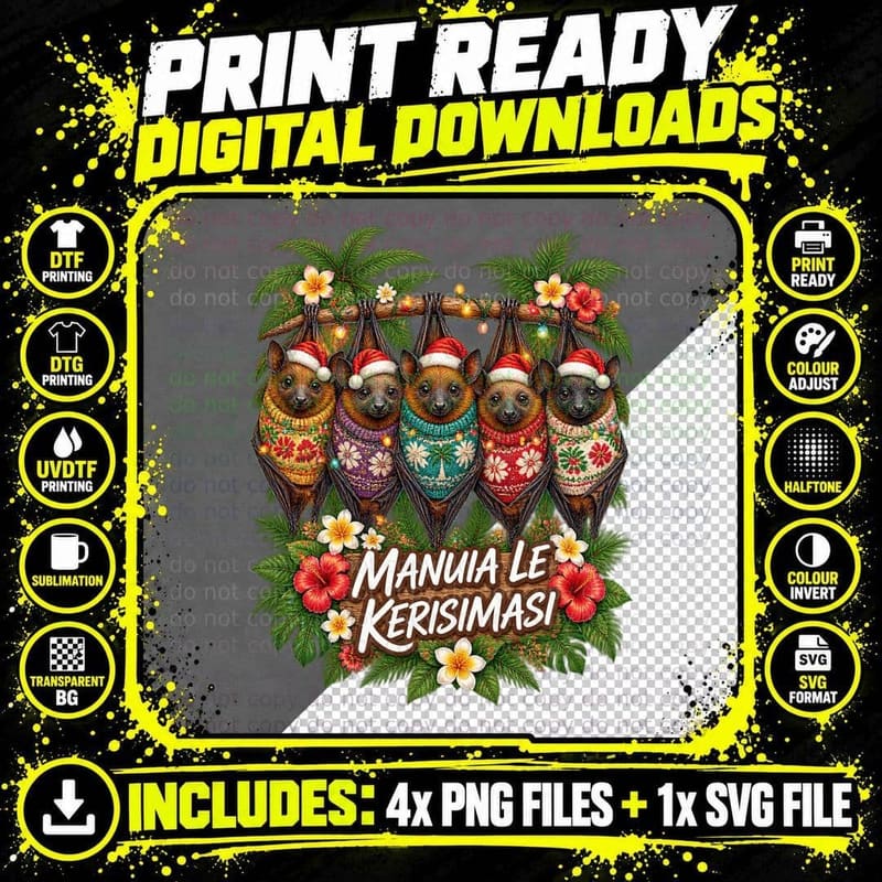 Fruit Bat Christmas Ugly Sweater Pacific Island Wildlife Png SVG Digital Bundle