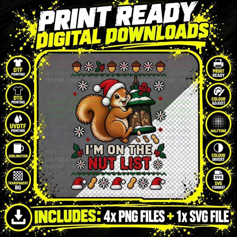 Funny Squirrel Christmas Ugly Sweater Nut List Retro Png SVG Digital Bundle