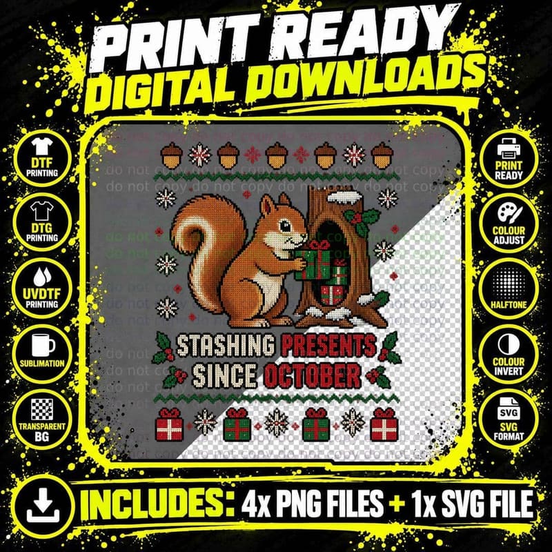 Funny Squirrel Christmas Ugly Sweater Retro Woodland Png SVG Digital Bundle