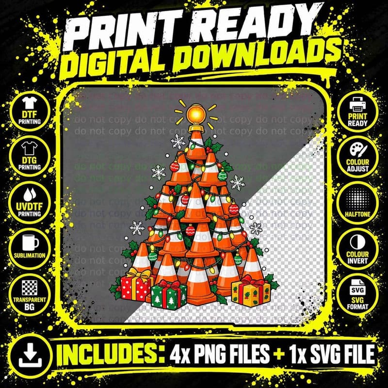Funny Traffic Cone Christmas Tree Roadworks Construction Png SVG Digital Bundle