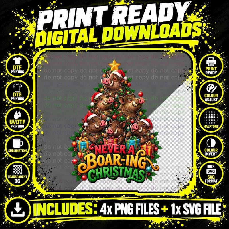 Funny Wild Boar Christmas Pun Woodland Animal Retro Png SVG Digital Bundle