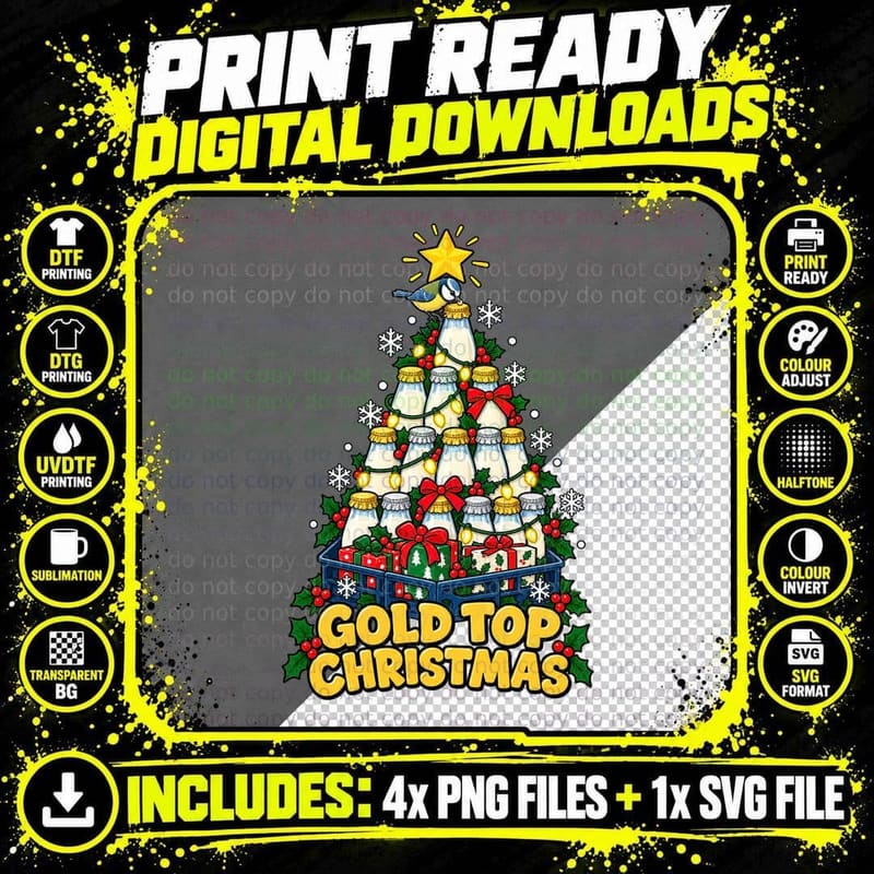 Gold Top Christmas Milk Bottle Blue Tit Retro British Png SVG Digital Bundle