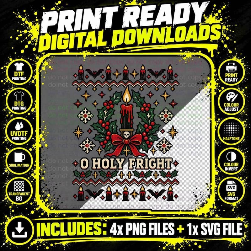 Goth Christmas Candle Ugly Sweater O Holy Fright Dark Png SVG Digital Bundle