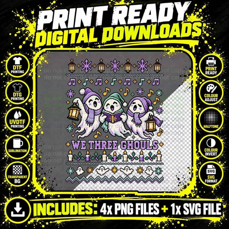 Goth Christmas Ghost Carolers Ugly Sweater Spooky Cute Png SVG Digital Bundle