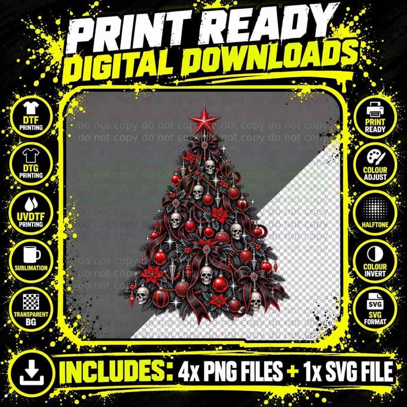 Gothic Christmas Tree Skulls Red Roses Baubles Dark Png SVG Digital Bundle