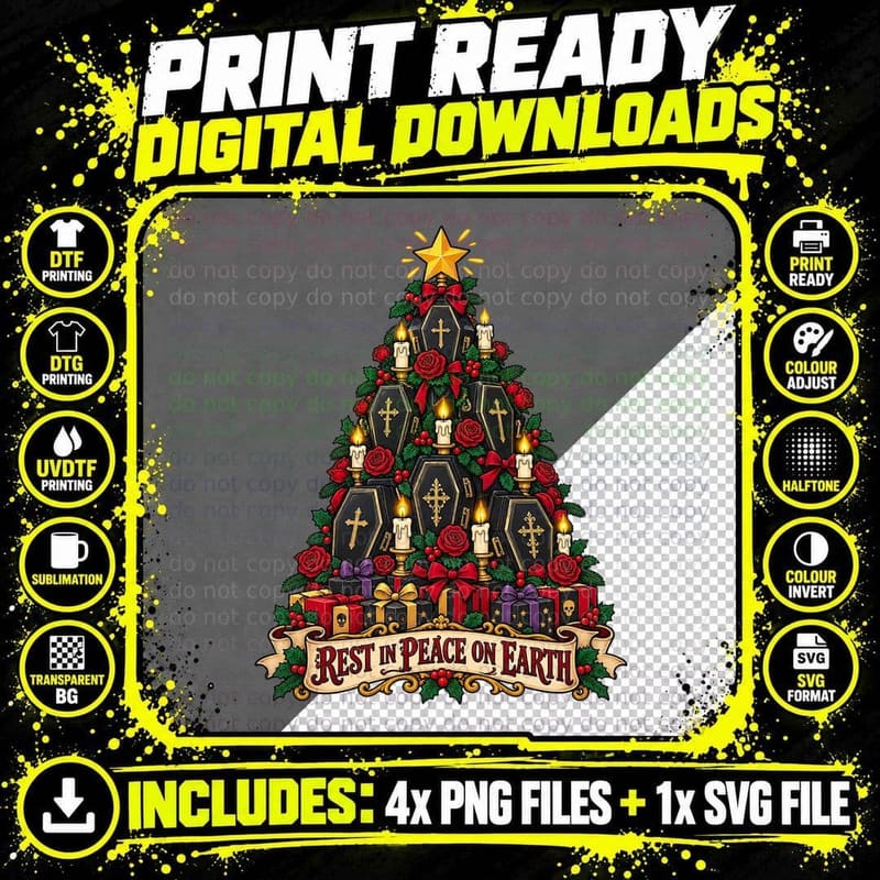 Gothic Coffin Christmas Retro Cartoon Dark Humor Png SVG Digital Bundle