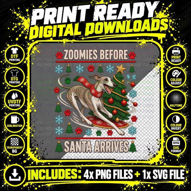 Greyhound Ugly Christmas Sweater Zoomies Dog Pun Funny Png SVG Digital Bundle