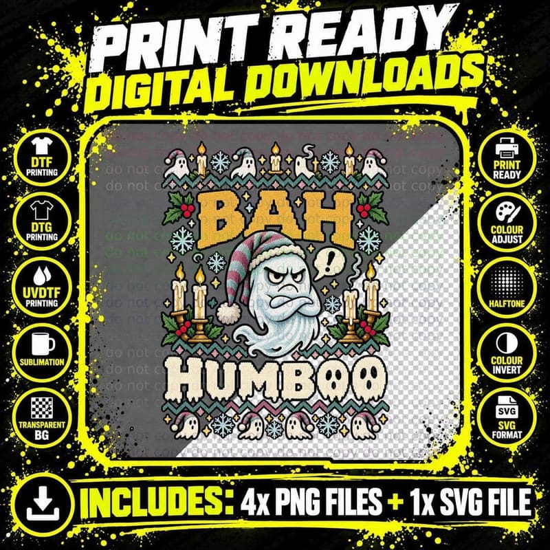 Grumpy Ghost Christmas Ugly Sweater Bah Humboo Funny Png SVG Digital Bundle