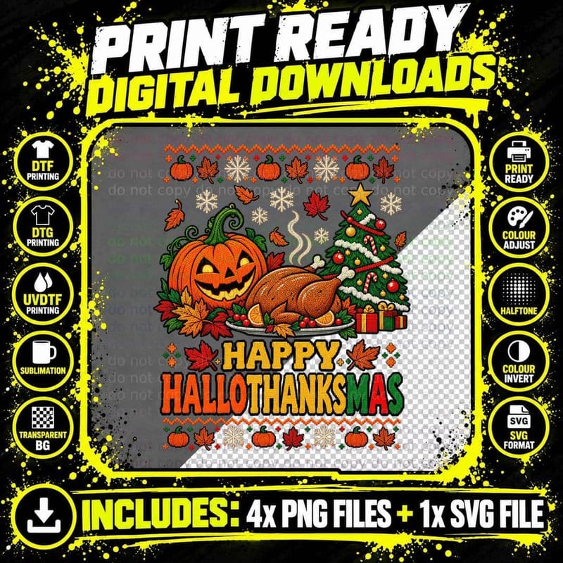 Hallothanksmas Ugly Sweater Halloween Thanksgiving Png SVG Digital Bundle