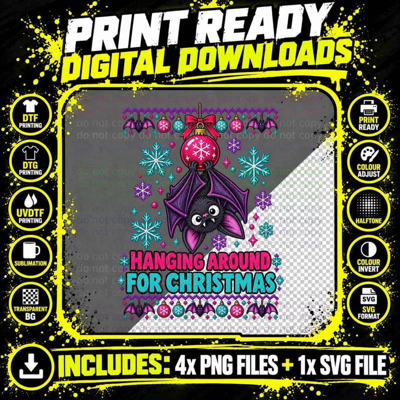 Hanging Around For Christmas Bat Ugly Sweater Gothic Png SVG Digital Bundle